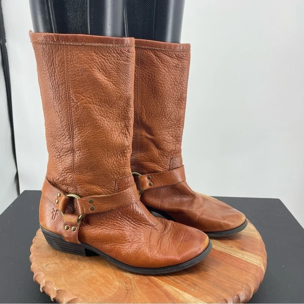 Frye Phillip Harness Tall boot w/ back zip Sz 3.5M‎ brown leather